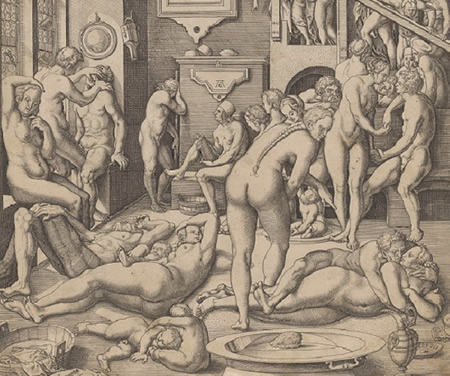 Een badhuis met mannen en vrouwen, waar ook publieke vrouwen komen. Afbeelding: Virgilius Solis, naar Heinrich Aldegrever (1524-1562), Rijksmuseum Amsterdam. Licentie: Public Domain.